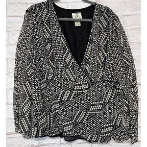 ICE Size 3XL 100% SILK Top‎ Blouse Lined Side Zip Black & Cream Sheer Sleeves